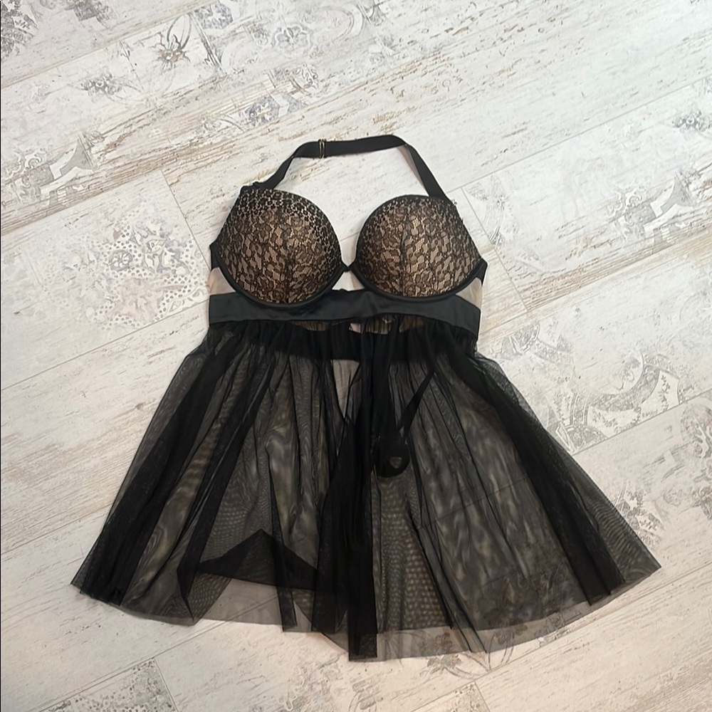 Victorias Secret Black Lace and Mesh Babydoll Lingerie Size 36D Matching Panties